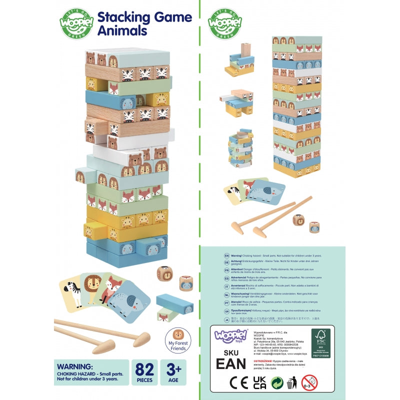 WOOPIE Wiebelende Toren Behendigheidsspel Dieren - 82 stuks - FSC