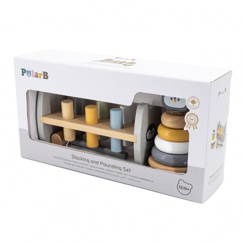 VIGA PolarB Houten Stapeltoren + Sla-Spel met Hamertje – Pinguïn Montessori Set
