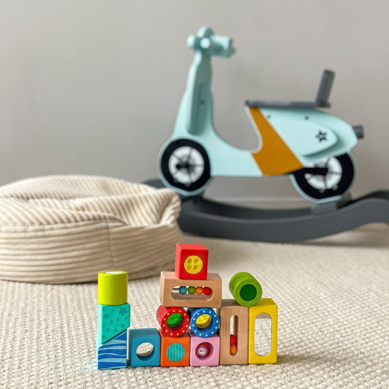 TOOKY TOY Houten Kist Sensorische Blokken Puzzel - Vormen & Geluid 12 stuks