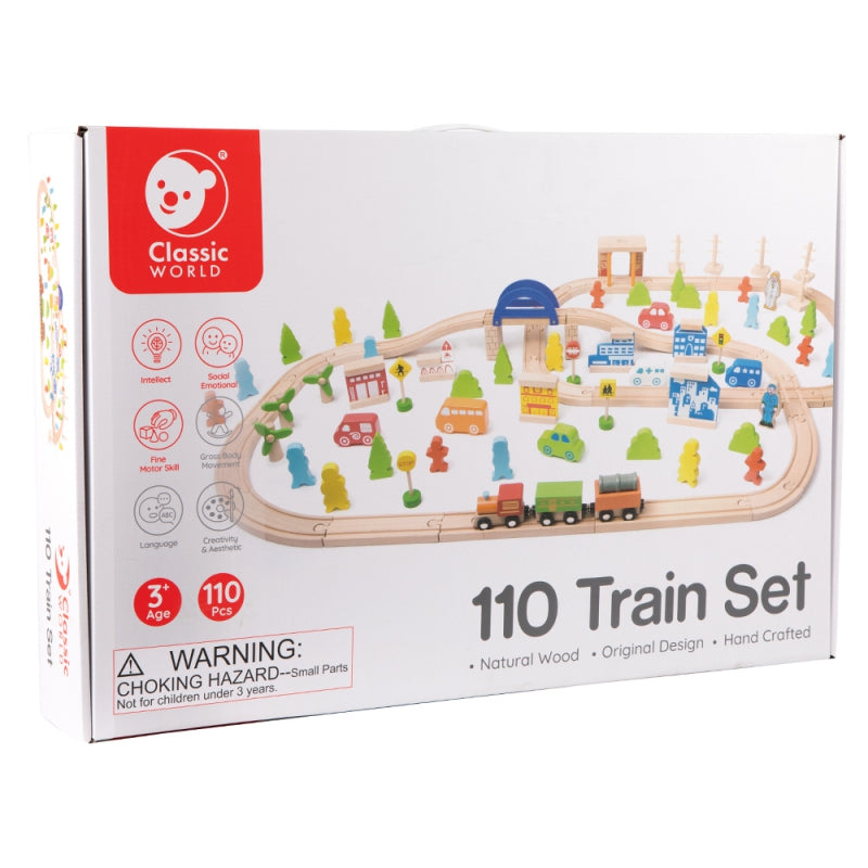 CLASSIC WORLD Houten Treinset met Spoorbaan + Figuren 110 stuks