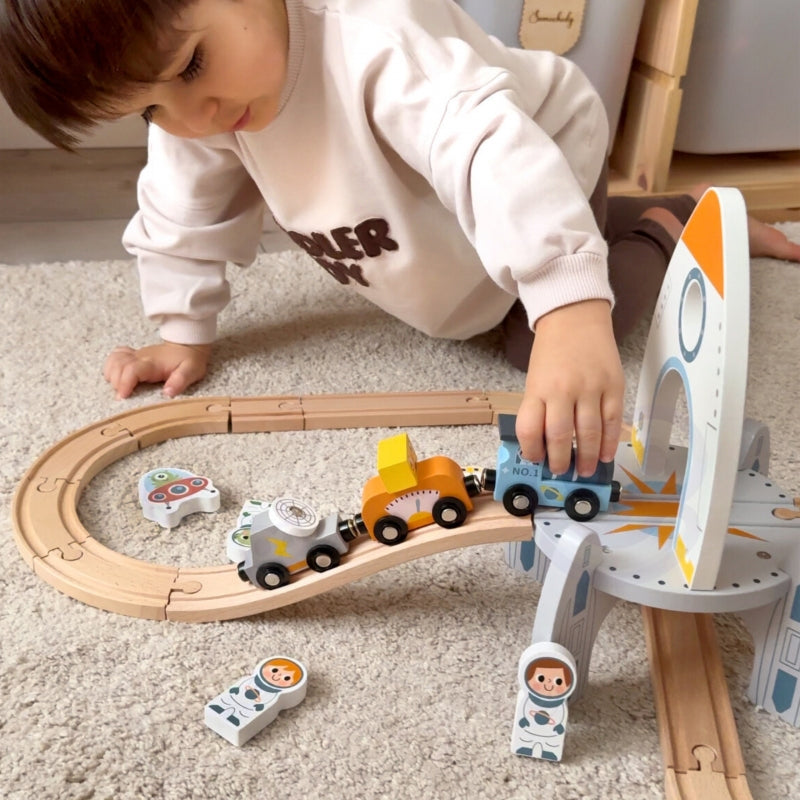 TOOKY TOY Houten Trein Set met Rails met thema Ruimte