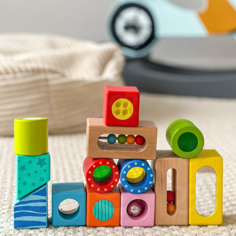 TOOKY TOY Houten Kist Sensorische Blokken Puzzel - Vormen & Geluid 12 stuks