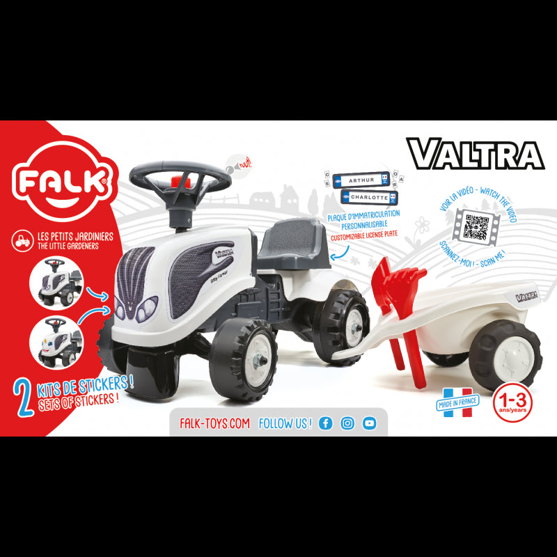 FALK Traktorek Baby Valtra Biały z Przyczepką + akc. od 1 roku