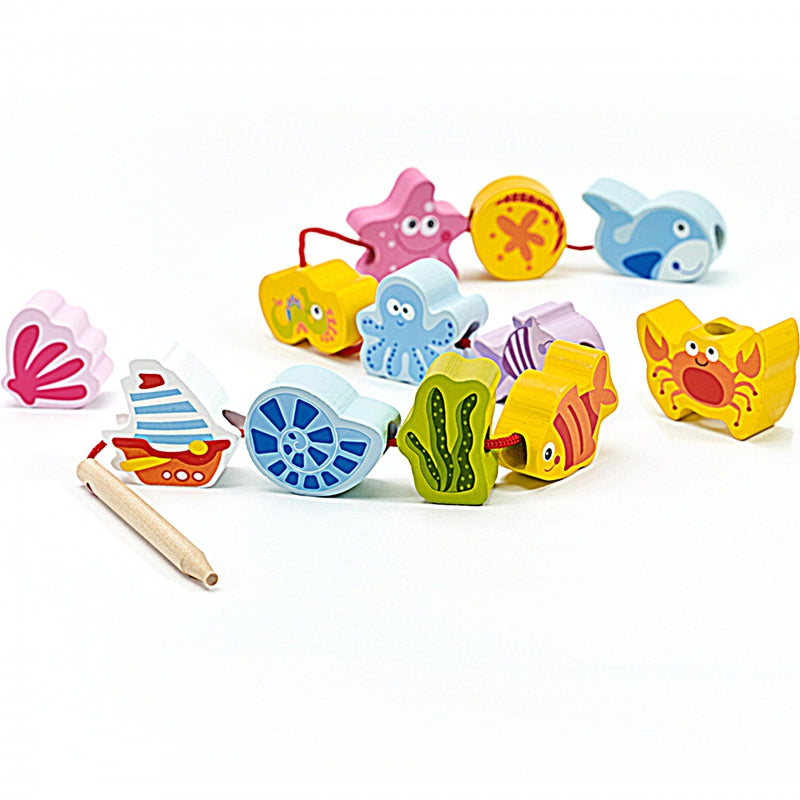 CLASSIC WORLD Houten Rijgblokken Waterdieren - 13 stuks