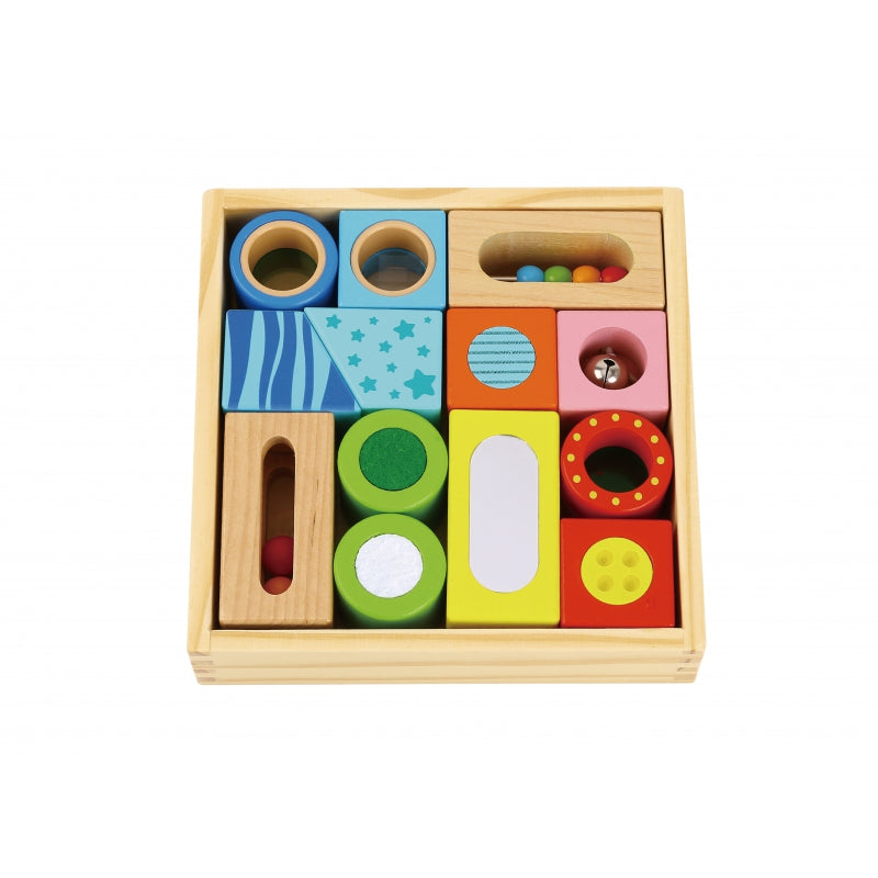 TOOKY TOY Houten Kist Sensorische Blokken Puzzel - Vormen & Geluid 12 stuks