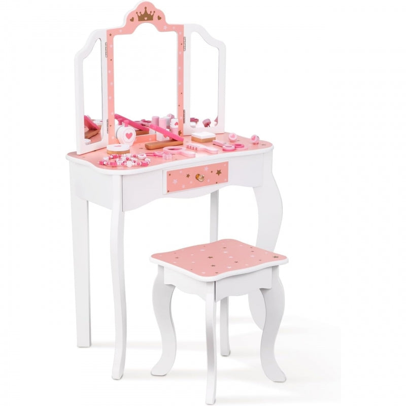 TOOKY TOY Houten Make up tafel met stoel, opvouwbare spiegel, accessoires 15 stuks