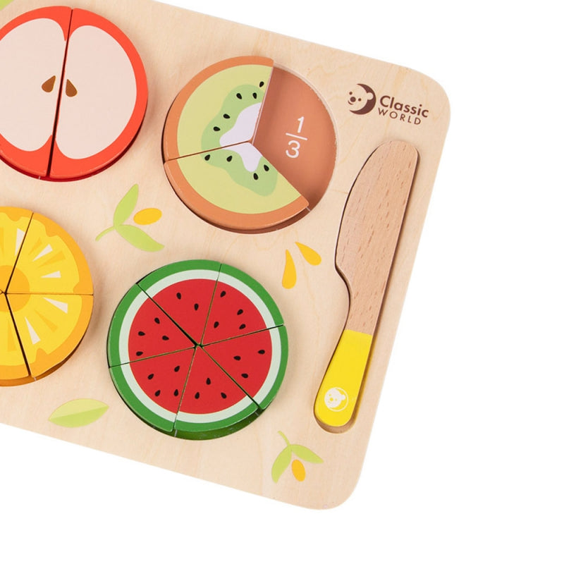 CLASSIC WORLD Houten Fruit om te Snijden met Klittenband + Breuken en Delen Leren 23 stuks