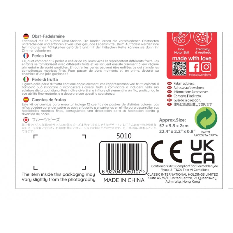 CLASSIC WORLD Houten Rijgblokken Groente en Fruit 13 stuks
