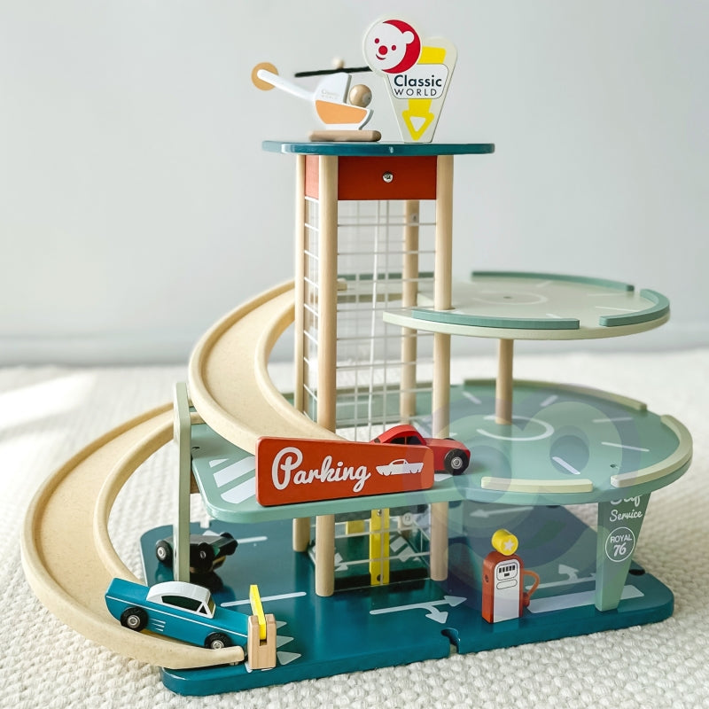 CLASSIC WORLD Vintage houten garage met 3 auto's, helikopter, wasstraat en tankstation