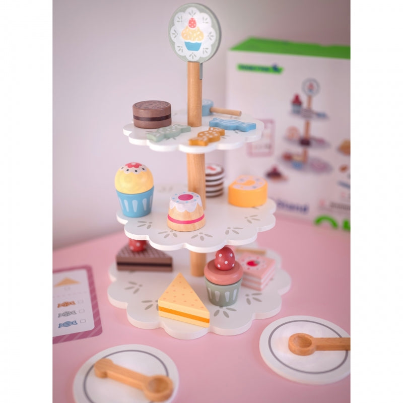 TOOKY TOY Houten Taartstandaard met Gebak en Accessoires - Creatieve Rollenspelset voor Kinderen