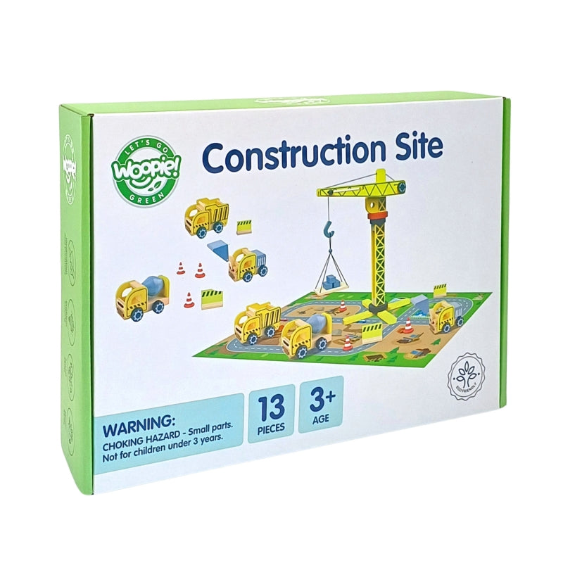 WOOPIE GREEN Houten Bouwplaats 5-in-1 Met Beweegbare Kraan - XXL Bouwvoertuigen 13 stuks