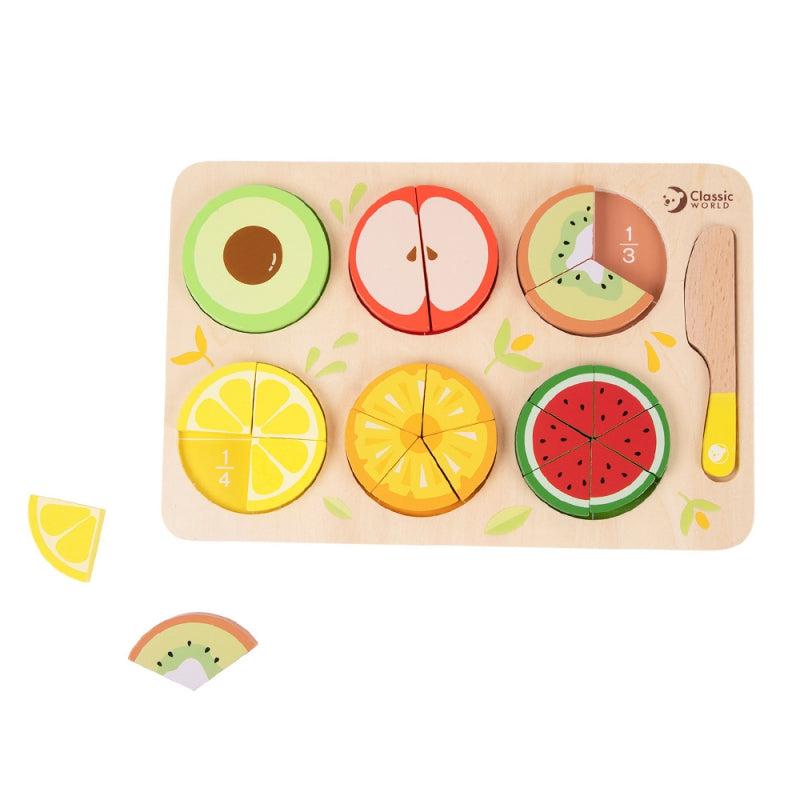 CLASSIC WORLD Houten Fruit om te Snijden met Klittenband + Breuken en Delen Leren 23 stuks