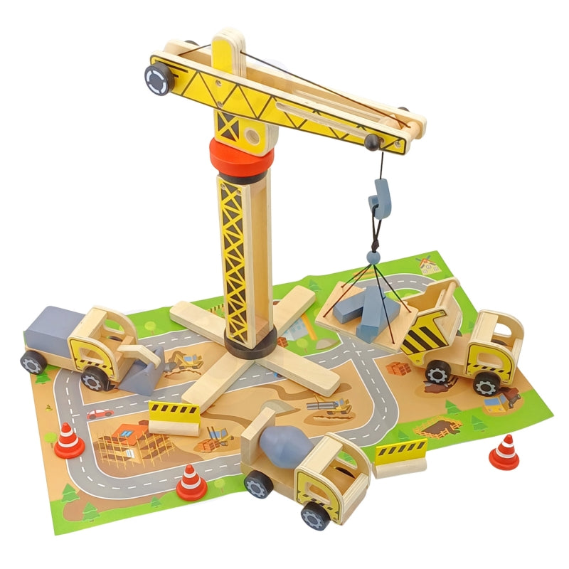 WOOPIE GREEN Houten Bouwplaats 5-in-1 Met Beweegbare Kraan - XXL Bouwvoertuigen 13 stuks
