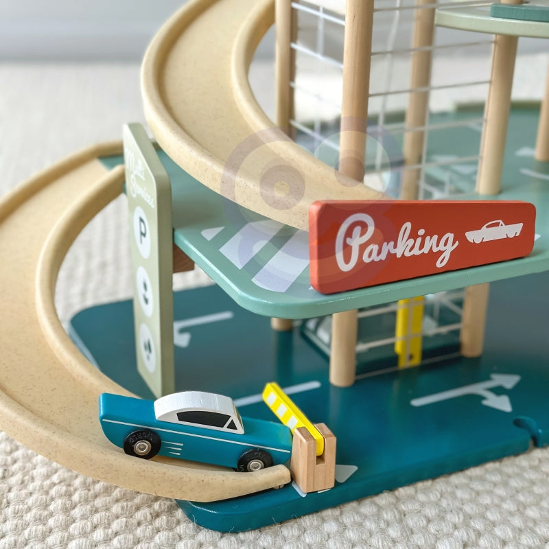 CLASSIC WORLD Vintage houten garage met 3 auto's, helikopter, wasstraat en tankstation
