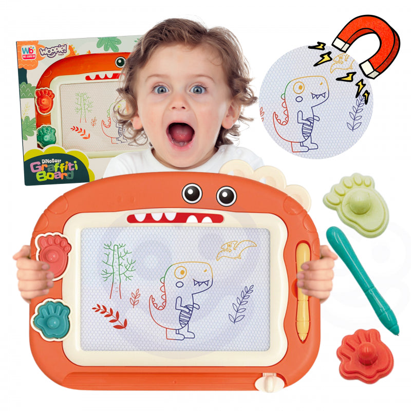WOOPIE Kleurrijk Magnetisch Schrijfbord voor kinderen Oranje + 2 Dinosaurusstempels