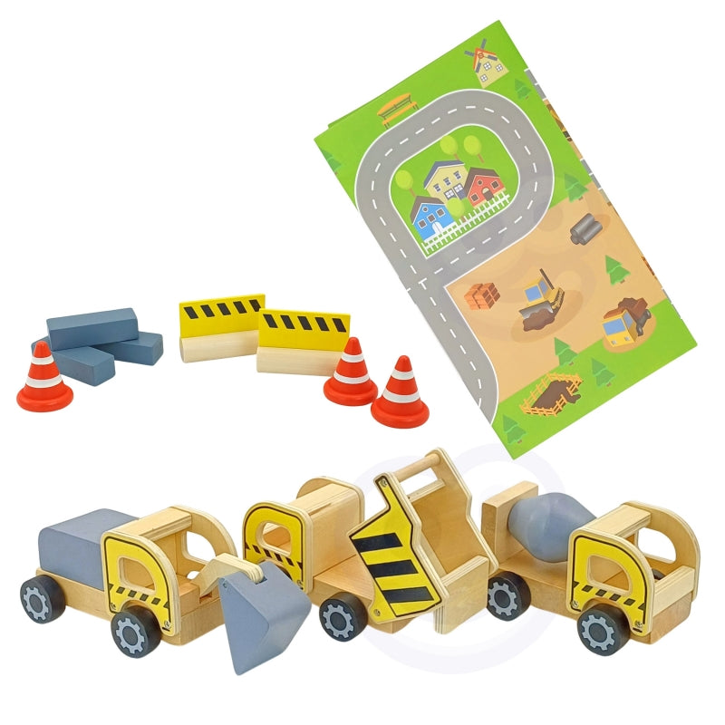 WOOPIE GREEN Houten Bouwplaats 5-in-1 Met Beweegbare Kraan - XXL Bouwvoertuigen 13 stuks