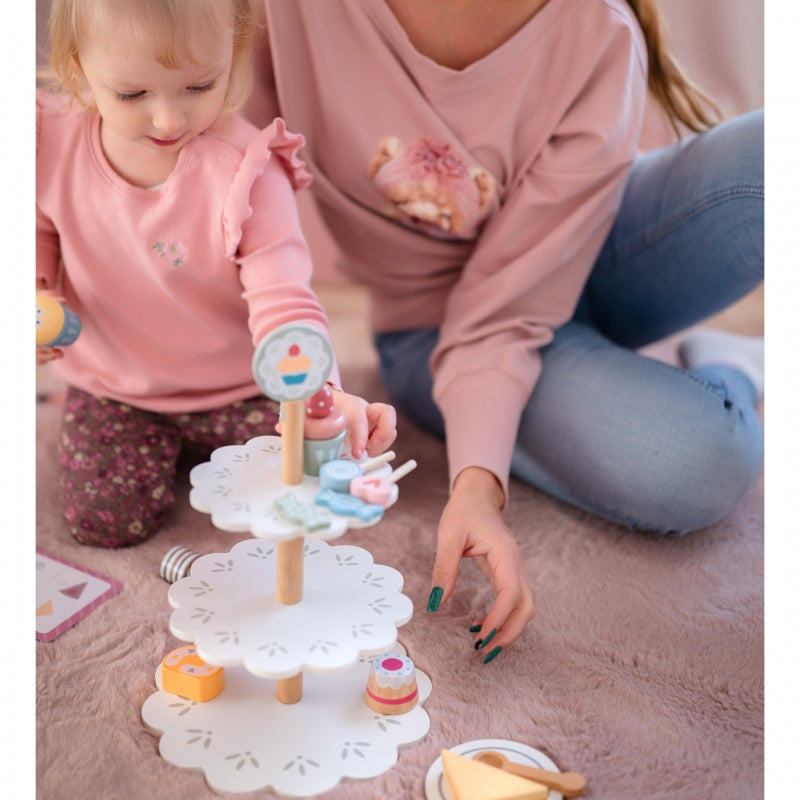 TOOKY TOY Houten Taartstandaard met Gebak en Accessoires - Creatieve Rollenspelset voor Kinderen