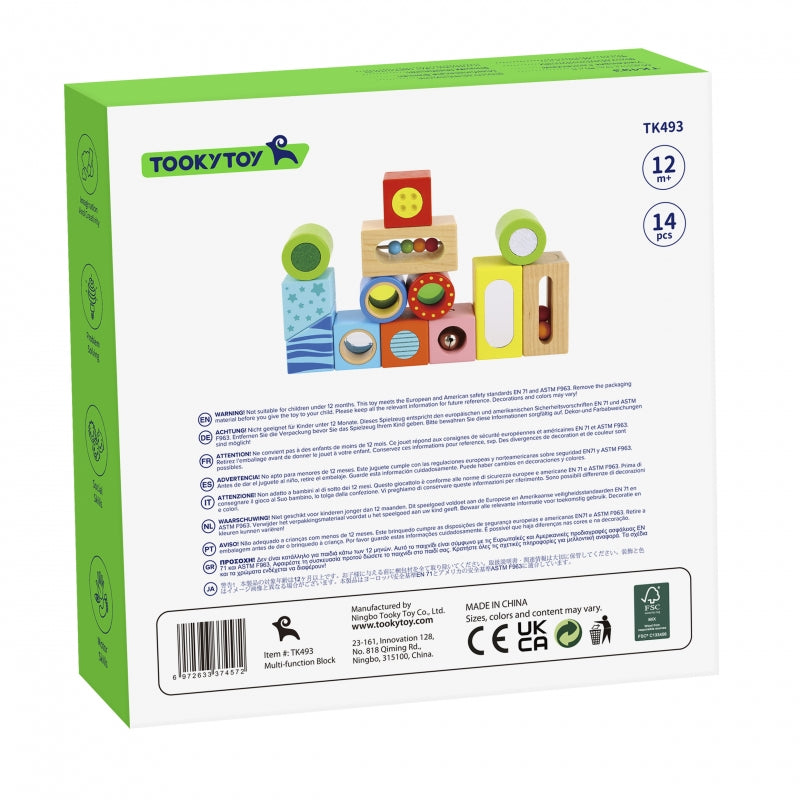 TOOKY TOY Houten Kist Sensorische Blokken Puzzel - Vormen & Geluid 12 stuks