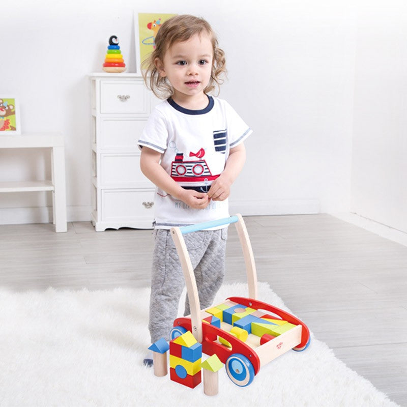 TOOKY TOY Houten Loopwagen Duwspeelgoed voor Kinderen + 23-delige Blokkenset