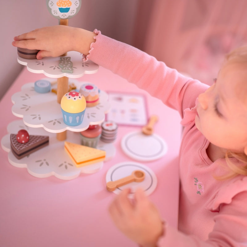 TOOKY TOY Houten Taartstandaard met Gebak en Accessoires - Creatieve Rollenspelset voor Kinderen