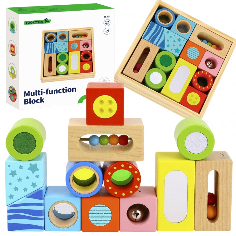 TOOKY TOY Houten Kist Sensorische Blokken Puzzel - Vormen & Geluid 12 stuks