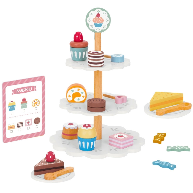 TOOKY TOY Houten Taartstandaard met Gebak en Accessoires - Creatieve Rollenspelset voor Kinderen