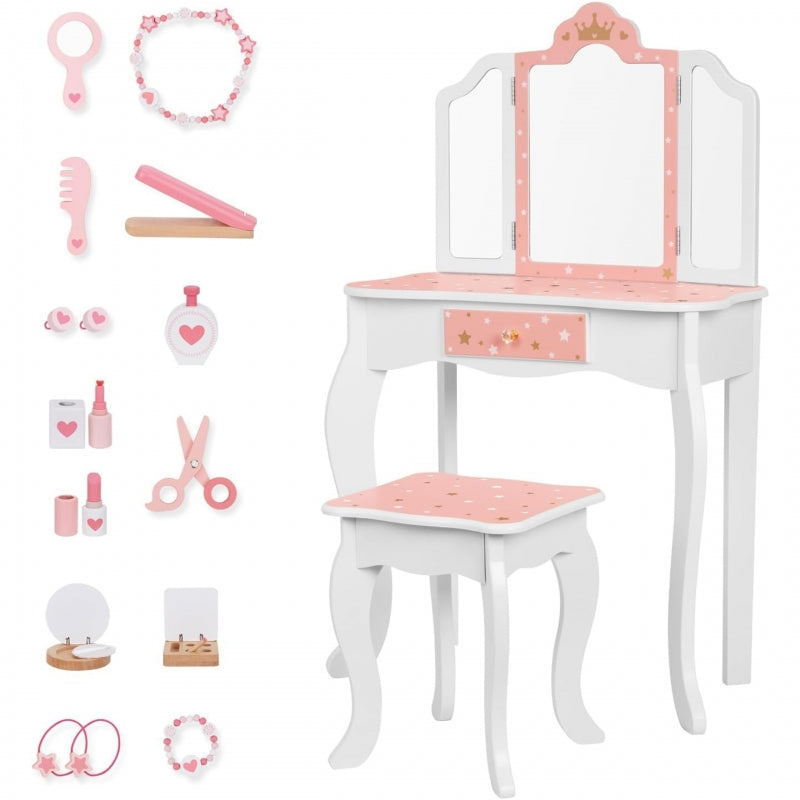 TOOKY TOY Houten Make up tafel met stoel, opvouwbare spiegel, accessoires 15 stuks
