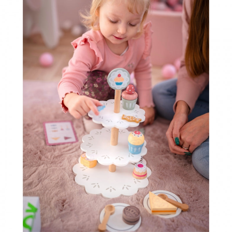 TOOKY TOY Houten Taartstandaard met Gebak en Accessoires - Creatieve Rollenspelset voor Kinderen