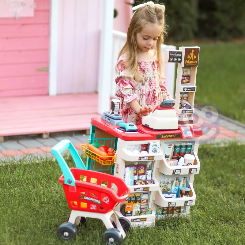 WOOPIE Speelgoed Supermarkt Speelwinkel met Winkelwagentje, Weegschaal, Kassa, Scanner + 48 Accessoires