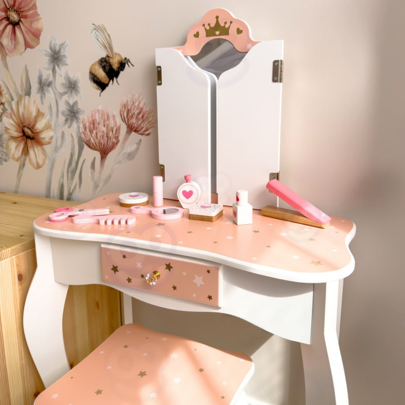 TOOKY TOY Houten Make up tafel met stoel, opvouwbare spiegel, accessoires 15 stuks