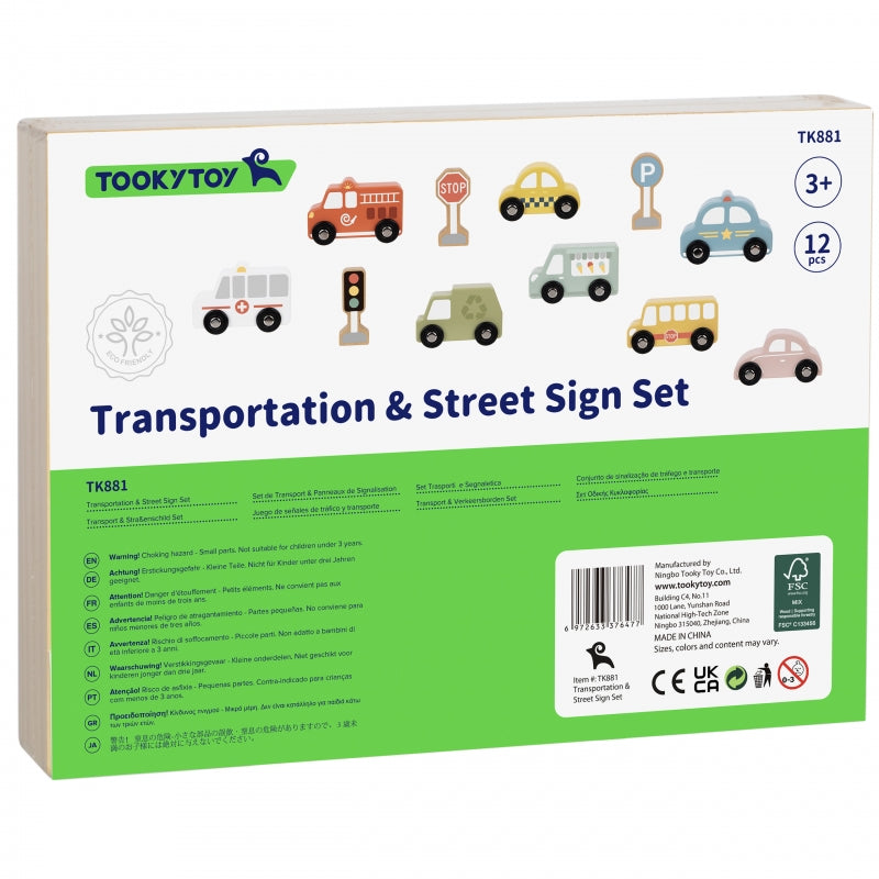 TOOKY TOY Set van Houten Voertuigen en Verkeersborden in houten standaard