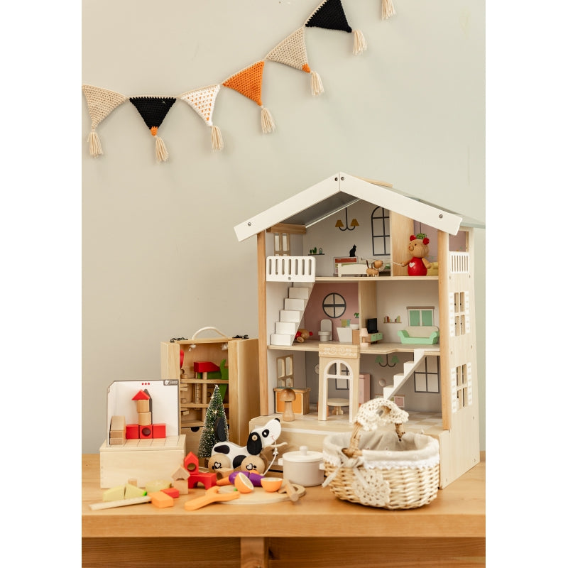 CLASSIC WORLD Groot Houten Poppenhuis van Natuurlijk Hout - 28 stuks