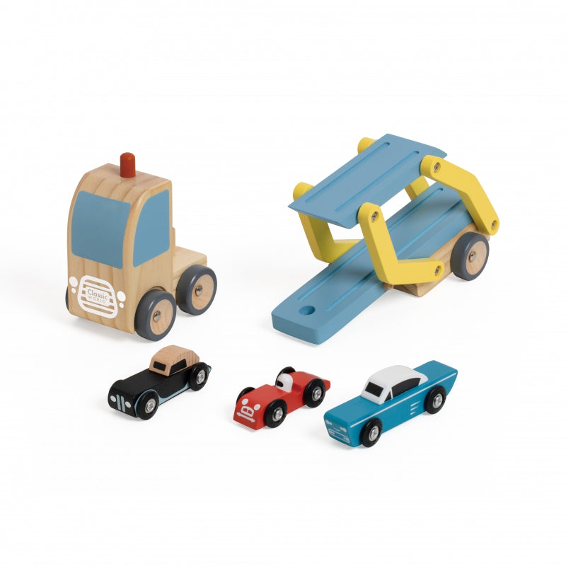 CLASSIC WORLD Houten Wegtransportwagen set met 3 auto’s, thema Wegenwacht