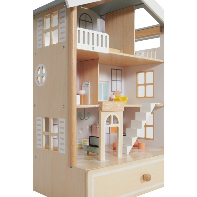 CLASSIC WORLD Groot Houten Poppenhuis van Natuurlijk Hout - 28 stuks