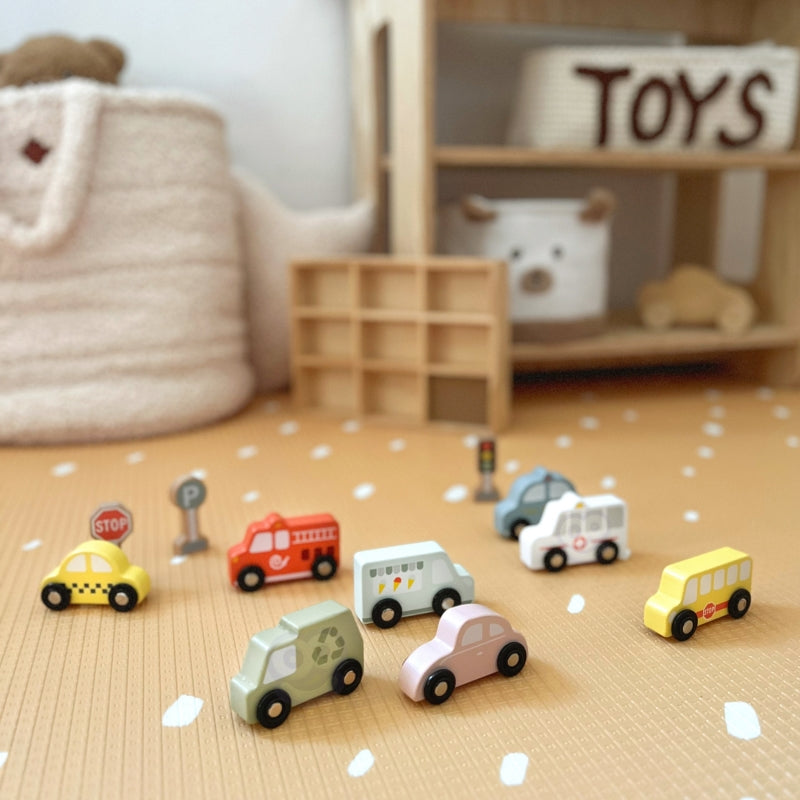 TOOKY TOY Set van Houten Voertuigen en Verkeersborden in houten standaard