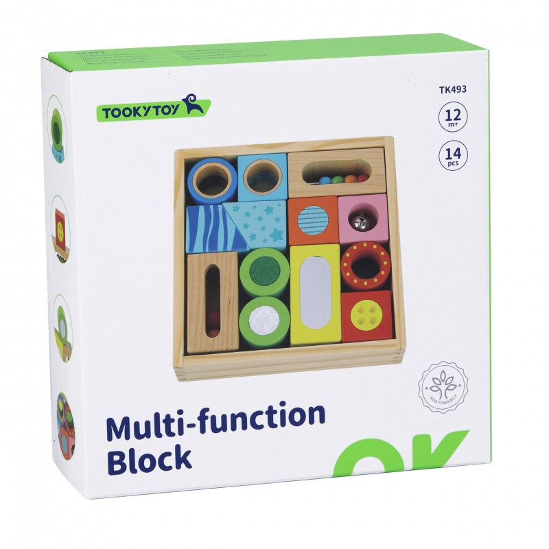 TOOKY TOY Houten Kist Sensorische Blokken Puzzel - Vormen & Geluid 12 stuks