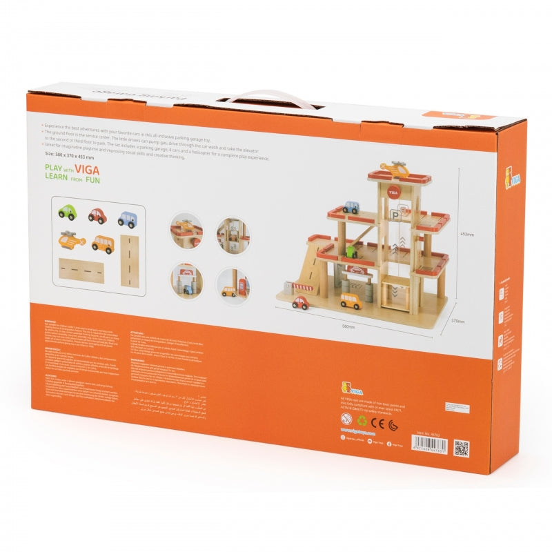 VIGA Houten Parkeerplaats voor Auto's met Lift + 4 Auto's en Helikopter