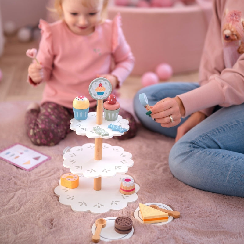 TOOKY TOY Houten Taartstandaard met Gebak en Accessoires - Creatieve Rollenspelset voor Kinderen