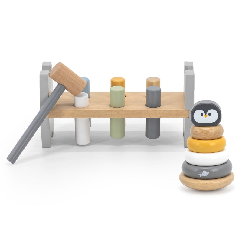 VIGA PolarB Houten Stapeltoren + Sla-Spel met Hamertje – Pinguïn Montessori Set
