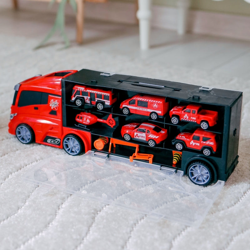 WOOPIE Rode Vrachtwagen met model auto's en een helikopter, 11 stuks - Brandweer