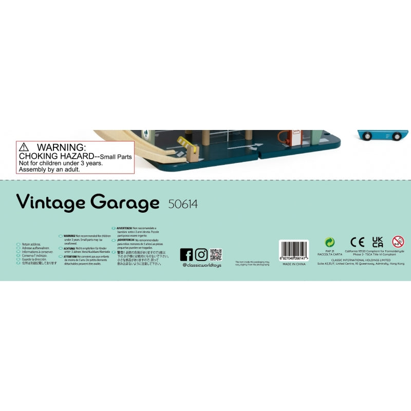 CLASSIC WORLD Vintage houten garage met 3 auto's, helikopter, wasstraat en tankstation