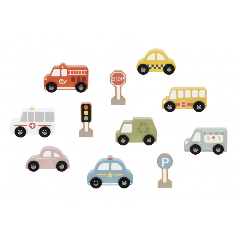 TOOKY TOY Set van Houten Voertuigen en Verkeersborden in houten standaard