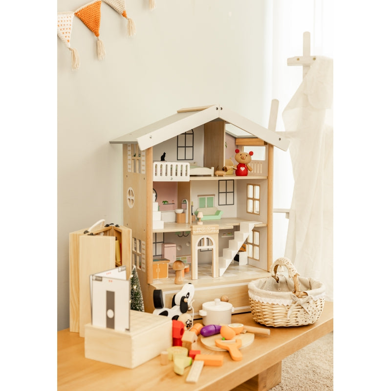 CLASSIC WORLD Groot Houten Poppenhuis van Natuurlijk Hout - 28 stuks