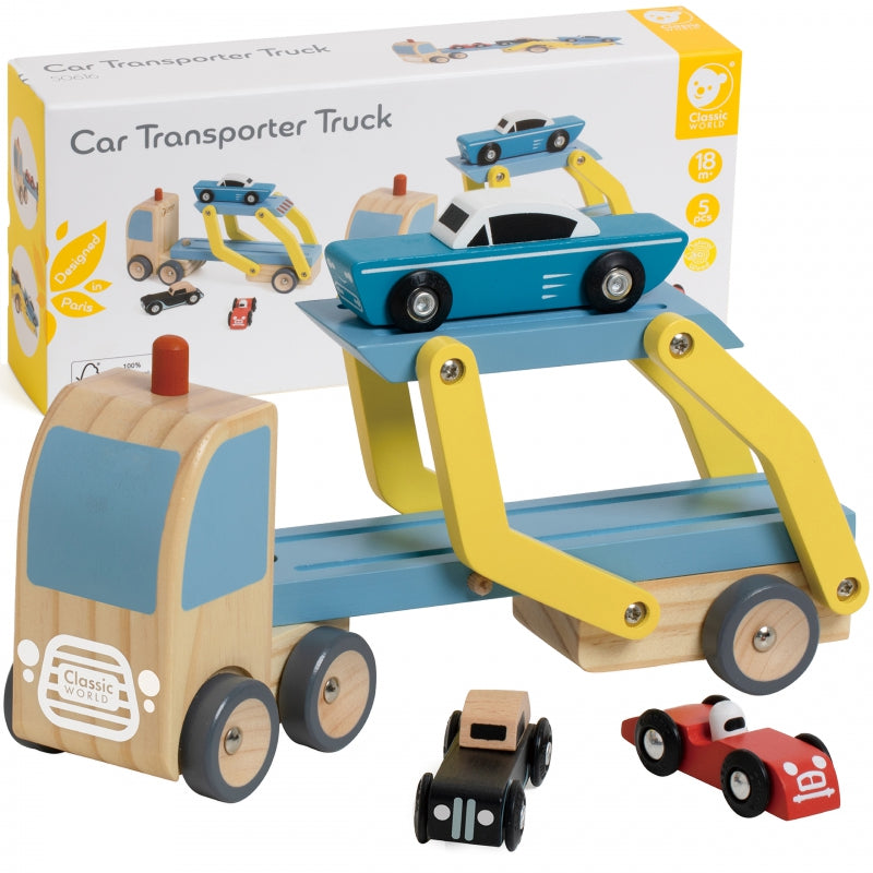CLASSIC WORLD Houten Wegtransportwagen set met 3 auto’s, thema Wegenwacht