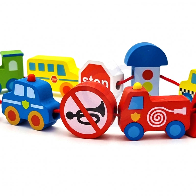 WOOPIE Houten Auto's Rijgblokken Voertuigen 13 stuks