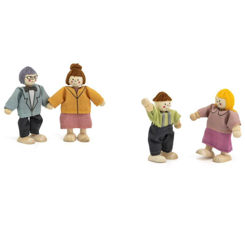 VIGA Set Houten Poppen Witte Huid met Stoffen Kleding 4 stuks