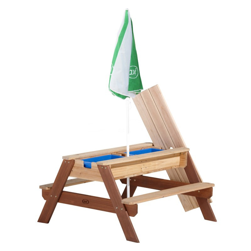 AXI Picknicktafel met Bankje, Parasol en Water-/Zandbakken