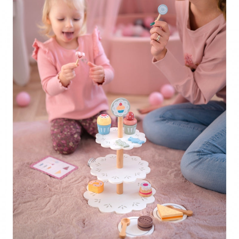TOOKY TOY Houten Taartstandaard met Gebak en Accessoires - Creatieve Rollenspelset voor Kinderen