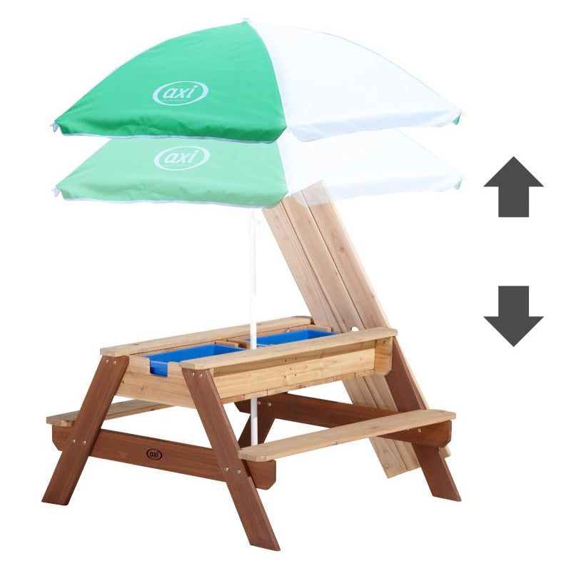 AXI Picknicktafel met Bankje, Parasol en Water-/Zandbakken