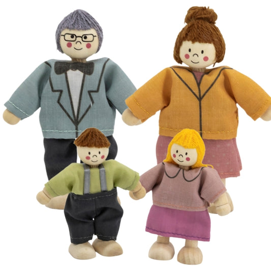 VIGA Set Houten Poppen Witte Huid met Stoffen Kleding 4 stuks